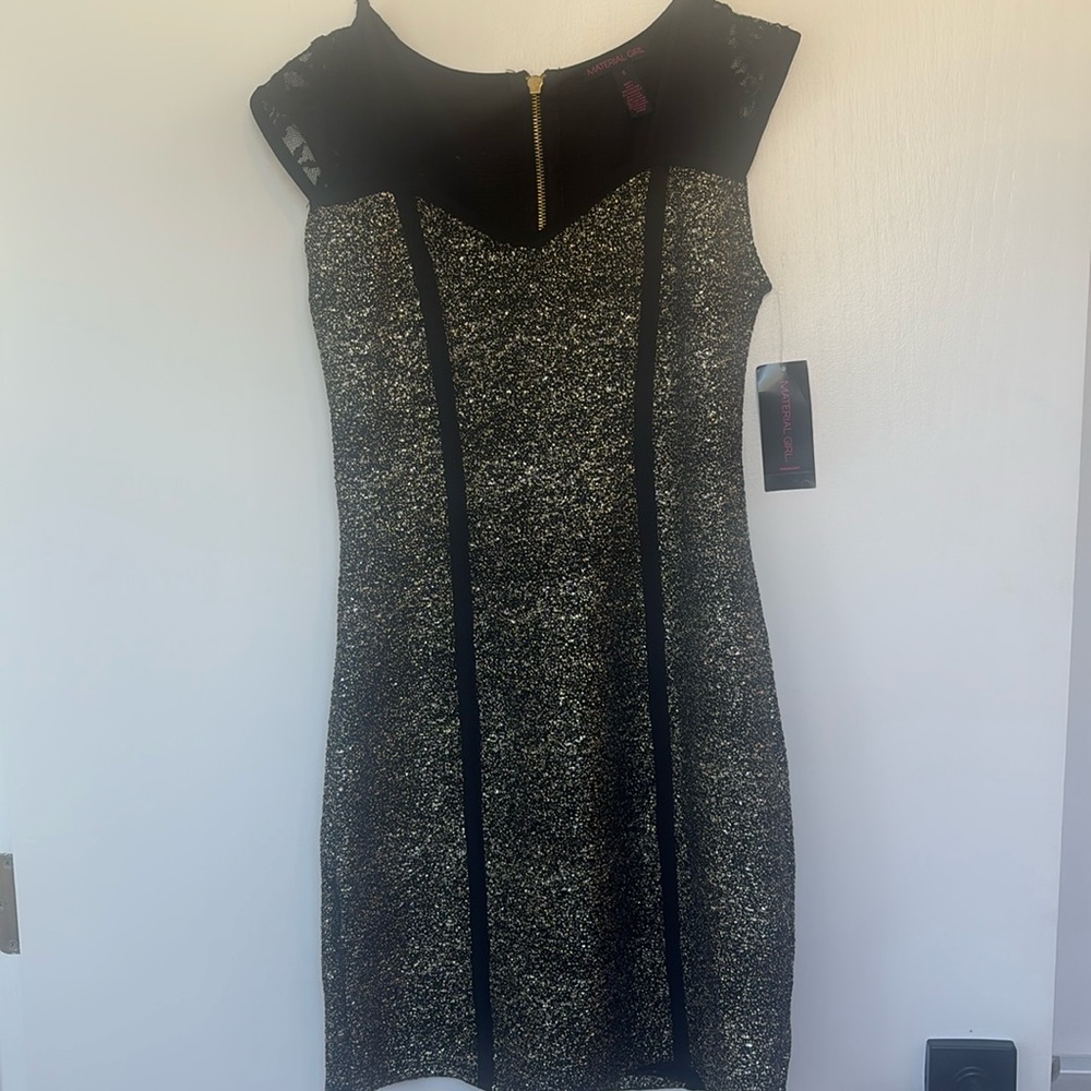 NEW Material Girl Women's Gold Sparkle Dress Small Cap Sleeve Mesh Trim Lace